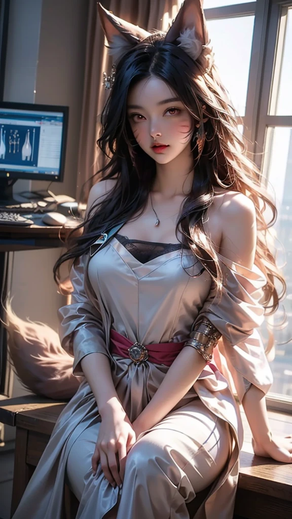 High-tech medical room,Beautiful and charming,A Japanese fox girl,long hair shawl,Doctor's attire,Hearing aid,Sitting at the table,Reviewing the resume