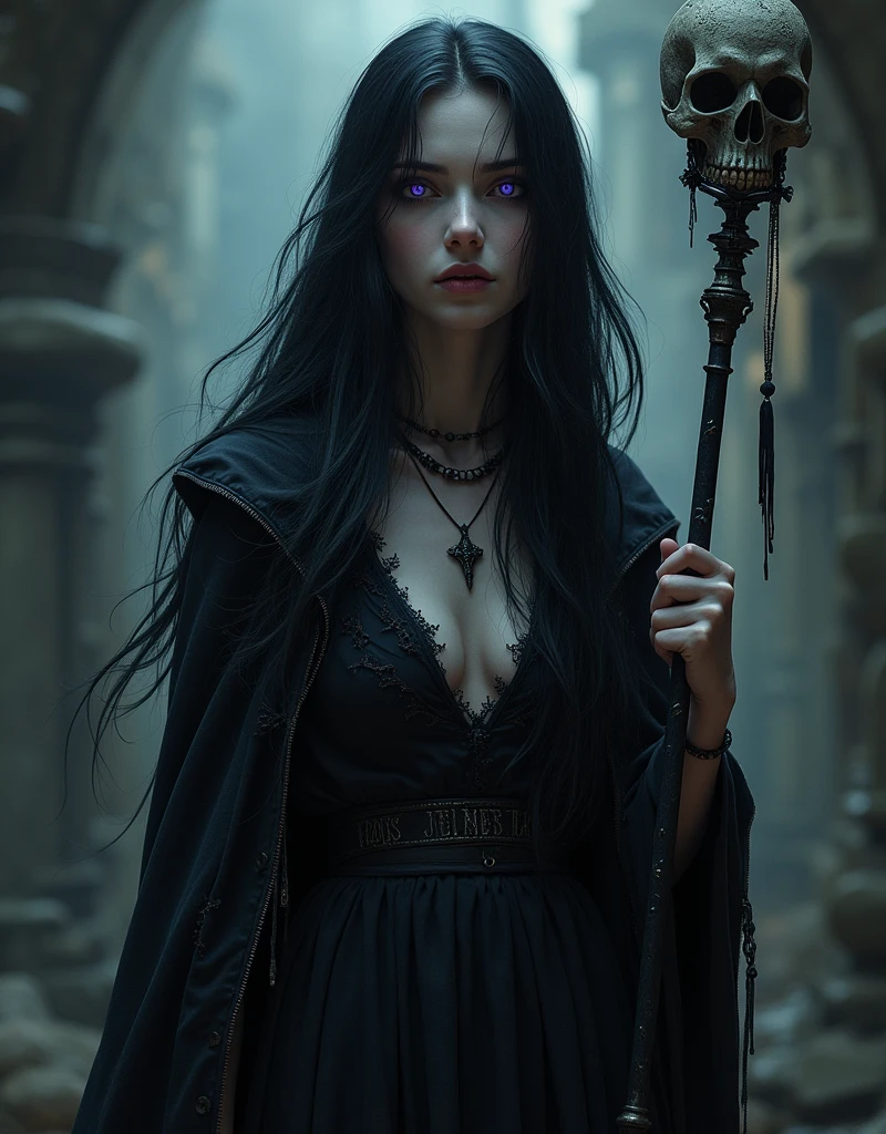 4K gothic style quality, digital drawing mode, dark fantasy-themed gothic female character, raven black hair with ghostly white highlights, haunted violet eyes, wearing only a dark cloak with ancient runes, holding a staff with a skull, Blur the background to create a three-dimensional effect, atmosphere, standing in the shadowy underworld redeeming her dark magic, radiant skin, flowing hair, glossy lips, sorrowful eyes, full body, dynamic pose, life size, perfect anatomy, detailed skin texture, full HD, 4K, HDR, perfect anatomy, depth of field