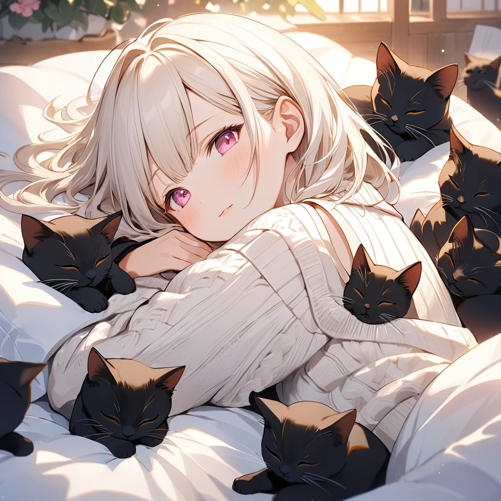 A young girl with a Japanese manga-style body. She has golden white hair, pink eyes, and a good figure. She is wearing a backless sweater and sleeping with several large white and black cats. The atmosphere is bright and cheerful.