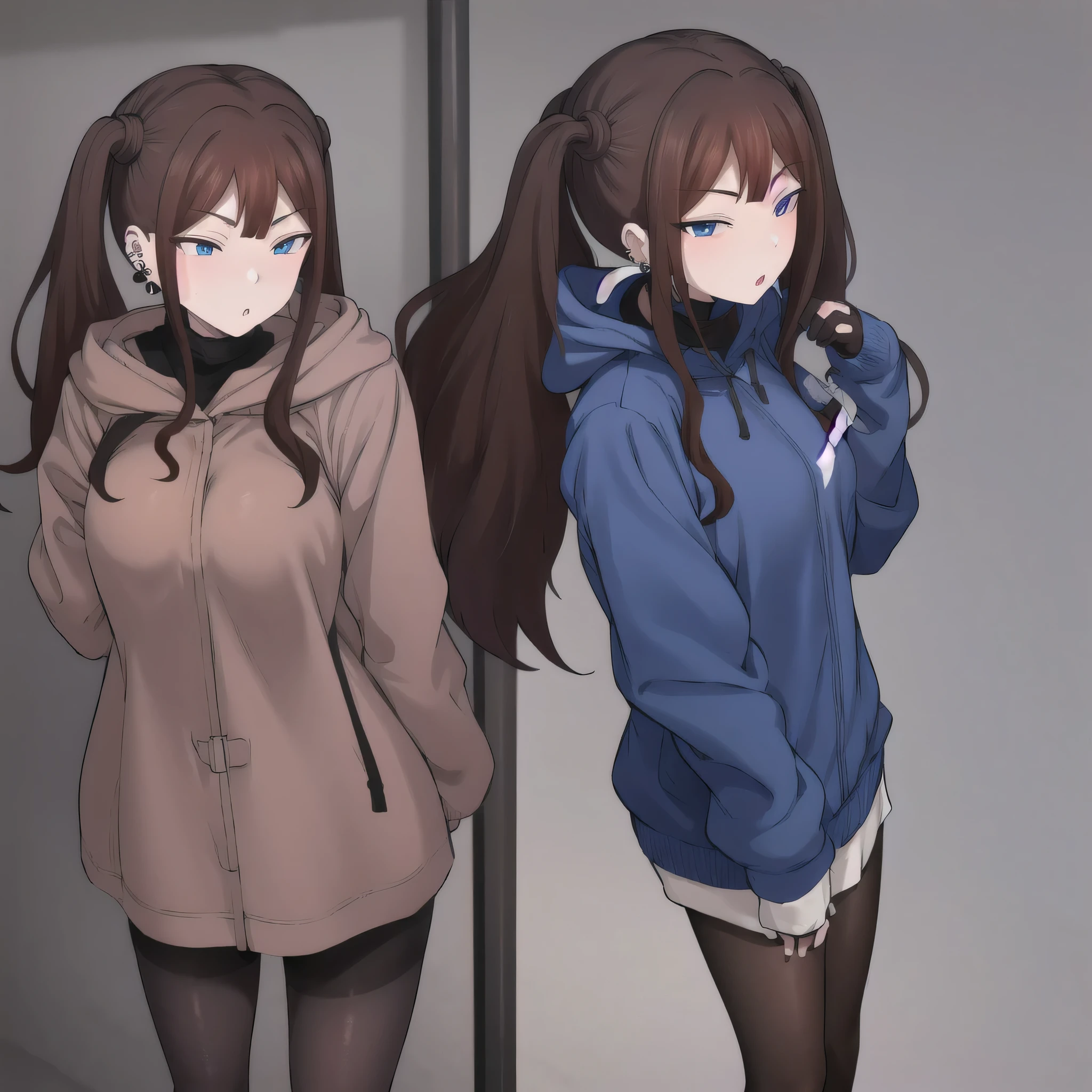 Tsubame NTR, long hair, blue eyes, brown hair, twin tails, long sleeves, jewelry, pantyhose, earrings, hood, black pantyhose, hoodie, hooded down jacket, ear piercings, watch, blue hoodie, coat, brown coat, turtleneck,