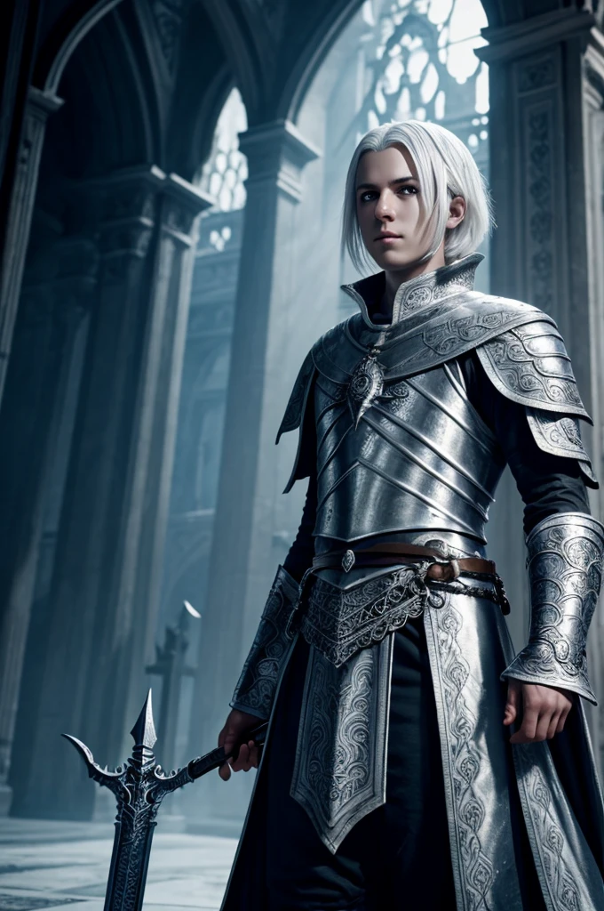 Gwyndolin from Dark Souls I, Middle Ages youth man, light gray eyes, white hair, short hair, white skin, detailed facial features, rich clothing, ornate sword, incredible detail, volumetric lighting, dramatic composition, cinematic lighting, rich colors