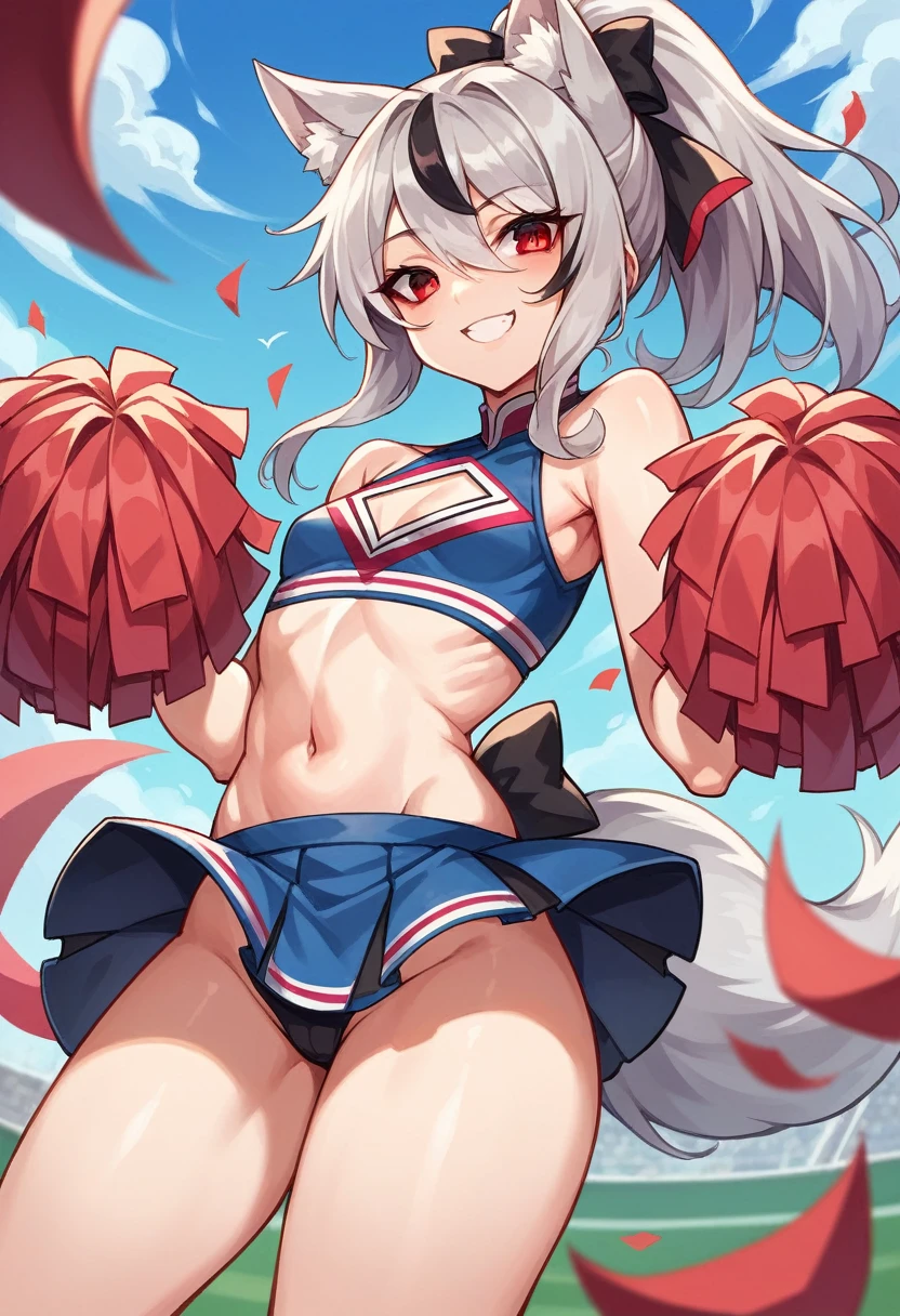 silver hair, red eyes, fox ears, girl, small breasts, ponytail, girl, small breasts, lolita, bright smile, looks about , flat-chested, short, eye highlights, sexy thighs, cheerleader, show me your armpits, your eyes are very beautiful, highlights