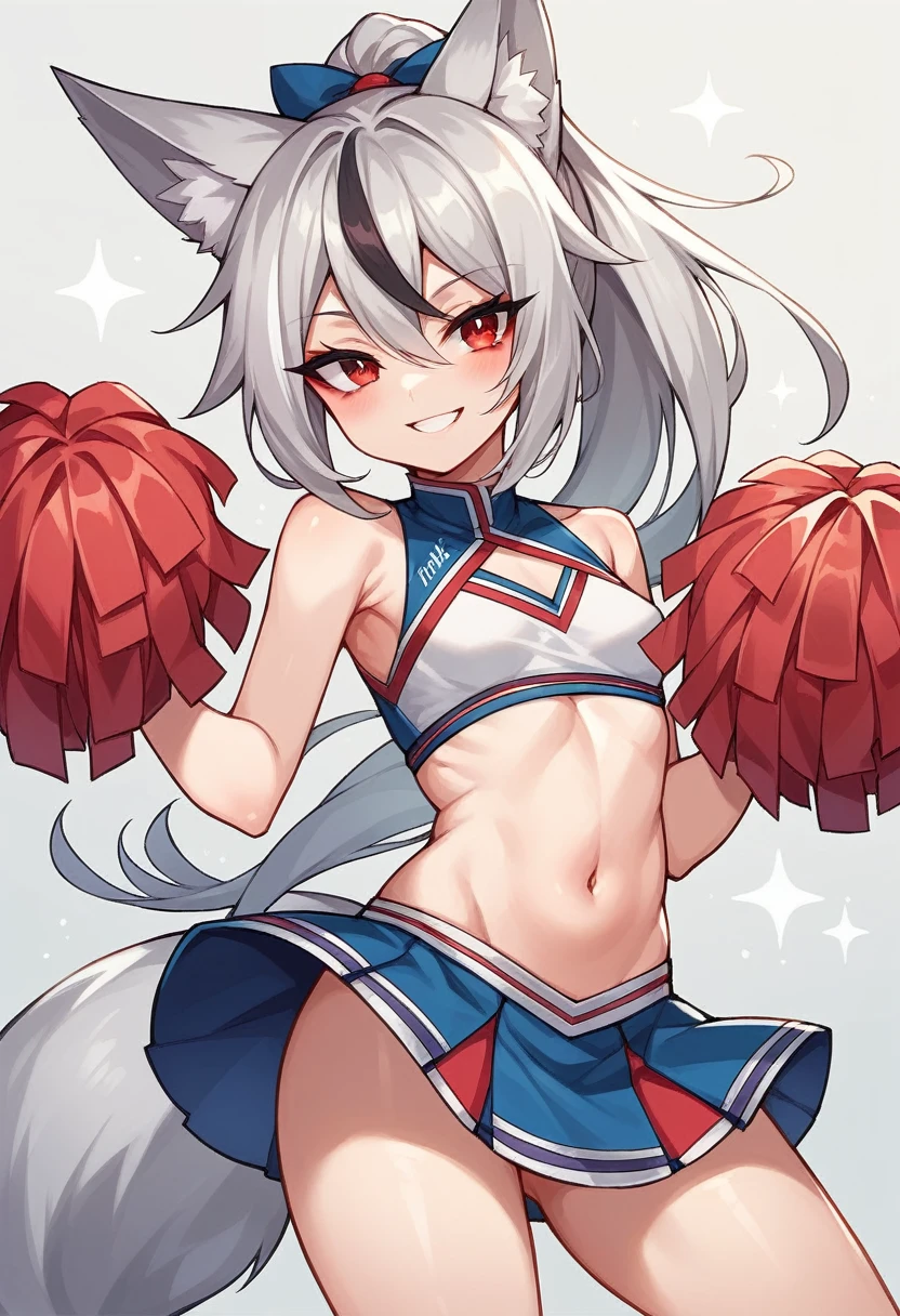 silver hair, red eyes, fox ears, girl, small breasts, ponytail, girl, small breasts, lolita, bright smile, looks about 15, flat-chested, short, eye highlights, sexy thighs, cheerleader, show me your armpits, your eyes are very beautiful, highlights