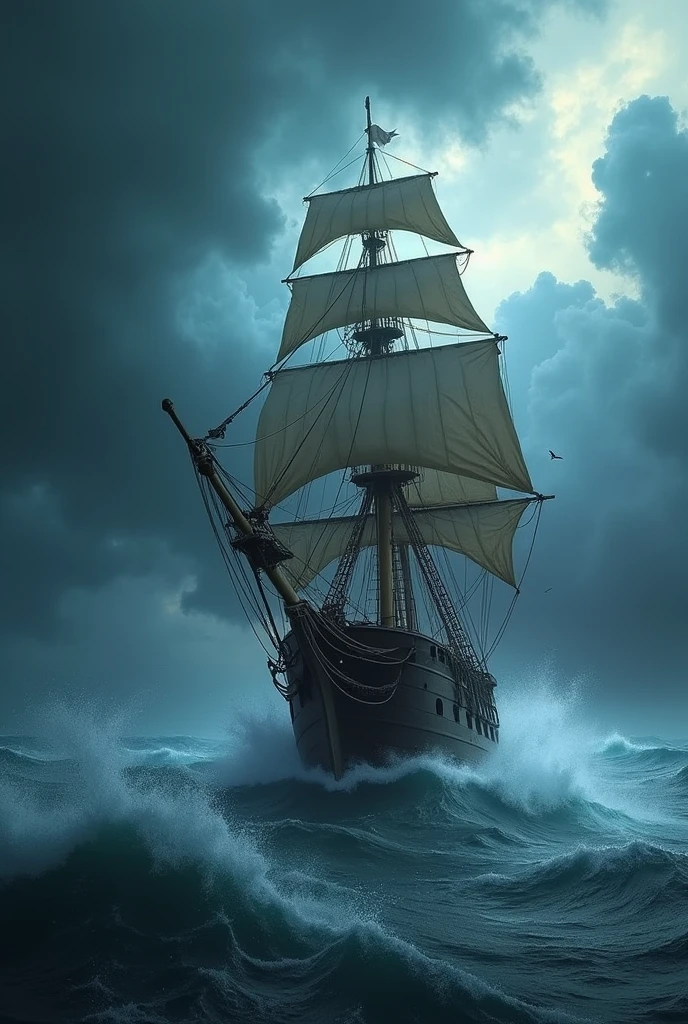 Pirate ship sailing through a storm