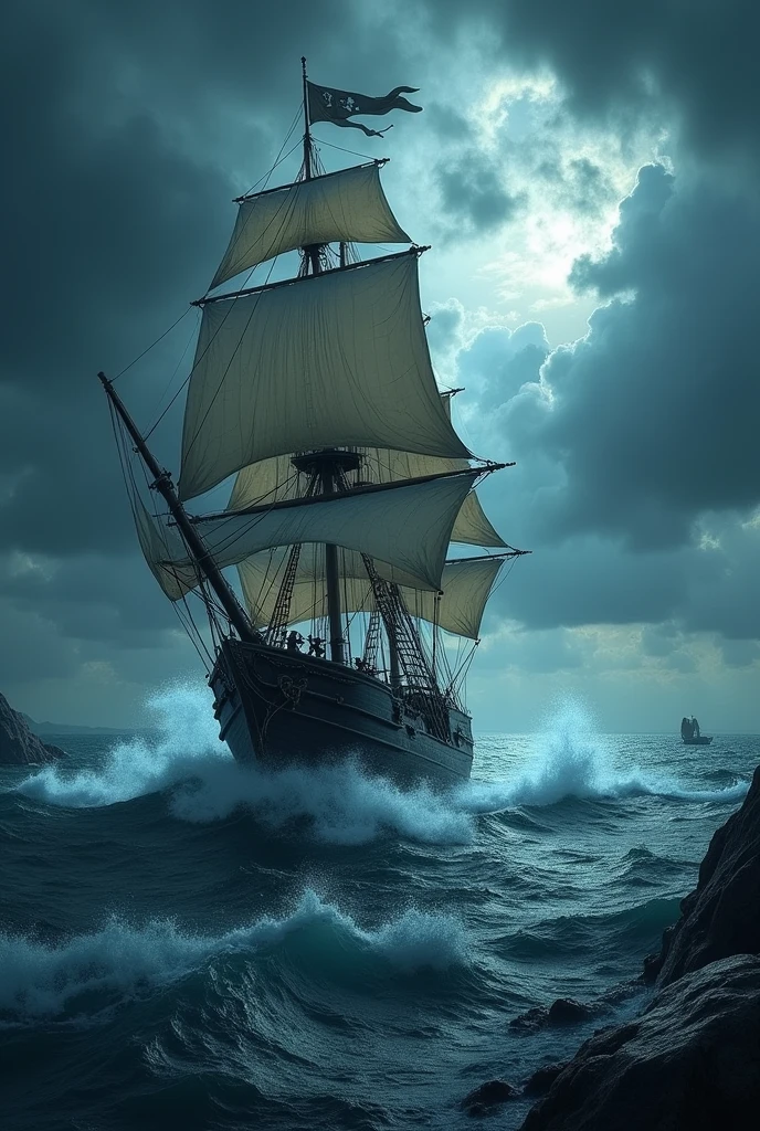 Pirate ship sailing through a storm