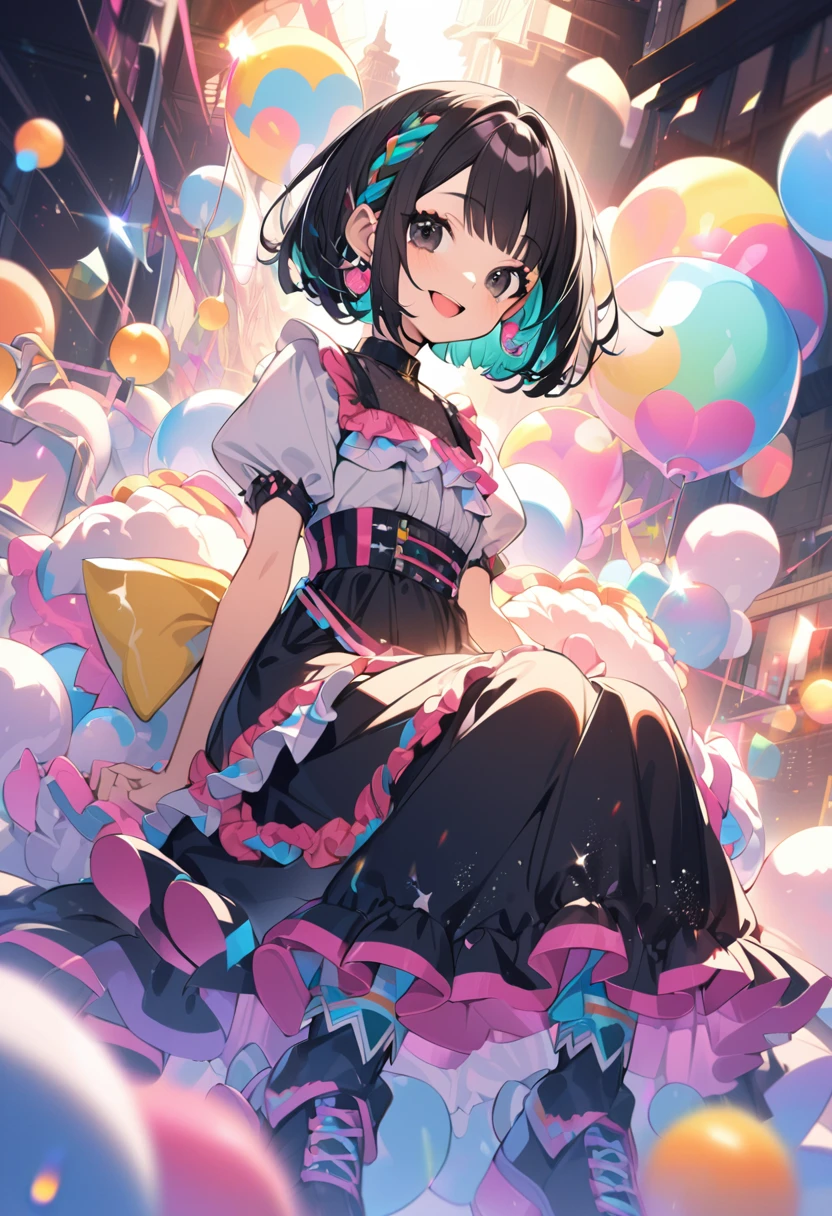 1hyper cute young girl,black short hair with (((Bob cut hairstyle with one small knot on the side))),frilly outfits and thick-soled boots,long skirt,earing,sit,open mouth smile,glitter,black eyes,full body,ultra detailed beautiful hair,
