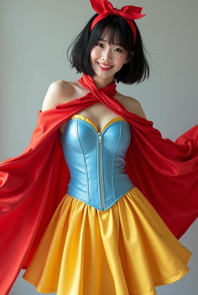 , Beautiful 18 year old Japanese female , wearing snow white cosplay, blue silk corset, red silk cape, yellow silk pleated skater skirt, silk leggings, black bob hair, red hairband, masterpiece, photorealistic, amazingly detailed face, maximum resolution,  happy, dynamic pose, , realistic, photograph, cleavage, satin, shiny clothing, sexy pose,