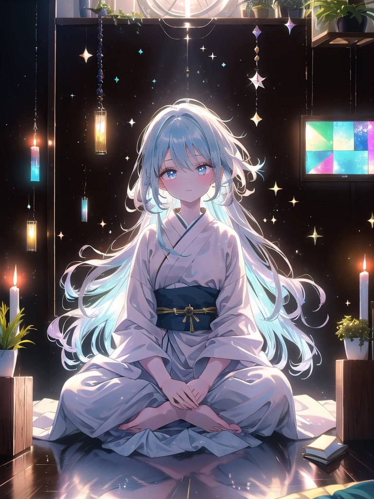 ((8k, Highest quality, masterpiece: 1.3)),Ultra-high resolution,(1 girl, alone), (Color changing eyes, Ultra-detailed, Expressive brilliance, Glitter, Glowing Eyes), Highly detailed eyes, Highly detailed face, Random Hair, ((pastel colour)),A serene young woman with pastel blue hair styled into soft waves, sitting cross-legged on a yoga mat in the center of her minimalist room. It’s early morning, and the room is filled with the soft light of dawn. She is dressed in a simple yet elegant monk cosplay, wearing a flowing white robe with a brown sash tied around her waist. The camera captures her from a low angle as she meditates with her eyes closed, her expression peaceful and serene. The room is sparsely decorated with a small altar, a few candles, and a potted plant, creating a tranquil and meditative environment.
