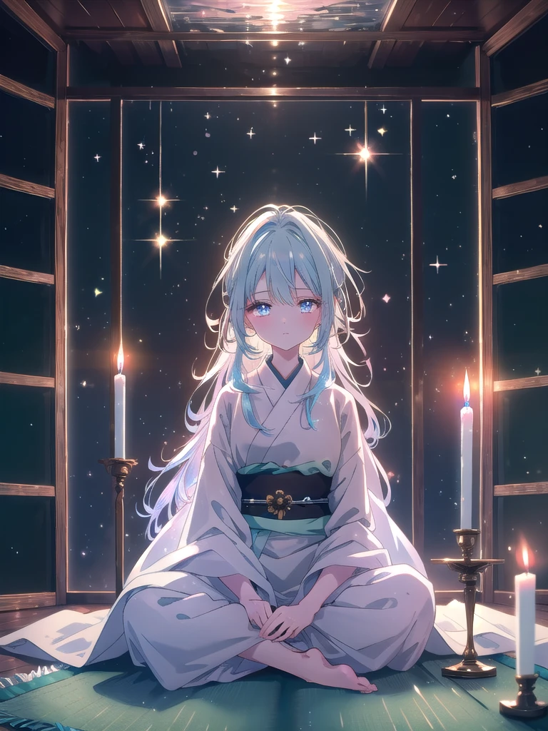 ((8k, Highest quality, masterpiece: 1.3)),Ultra-high resolution,(1 girl, alone), (Color changing eyes, Ultra-detailed, Expressive brilliance, Glitter, Glowing Eyes), Highly detailed eyes, Highly detailed face, Random Hair, ((pastel colour)),A serene young woman with pastel blue hair styled into soft waves, sitting cross-legged on a yoga mat in the center of her minimalist room. It’s early morning, and the room is filled with the soft light of dawn. She is dressed in a simple yet elegant monk cosplay, wearing a flowing white robe with a brown sash tied around her waist. The camera captures her from a low angle as she meditates with her eyes closed, her expression peaceful and serene. The room is sparsely decorated with a small altar, a few candles, and a potted plant, creating a tranquil and meditative environment.