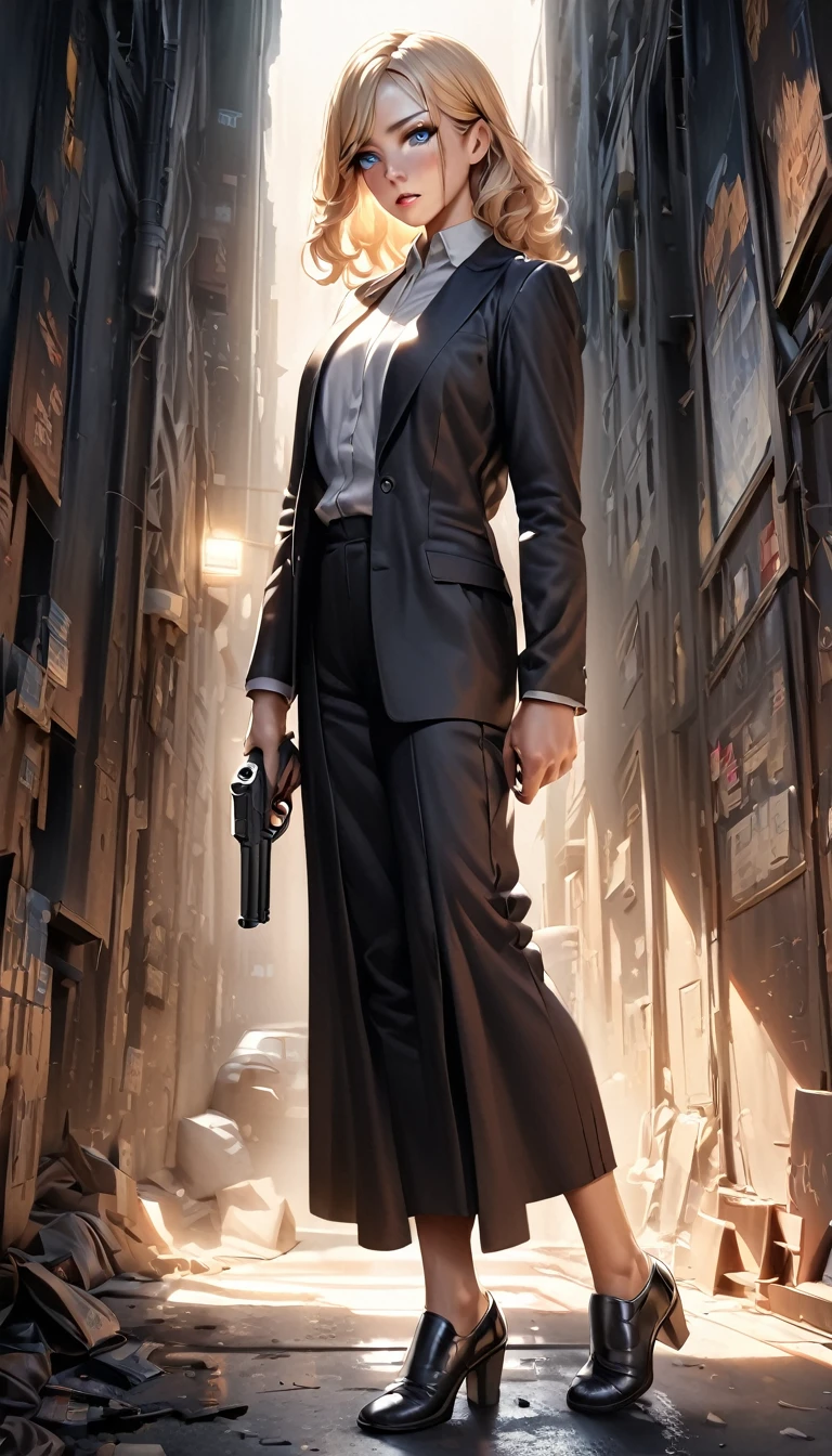 Highest quality, masterpiece, Ultra-high resolution, (Realistic:1.4), RAW Photos, One girl, Blonde, blue eyes, Detailed eyes and face, Black suit, Dynamic Lighting, In the Dark, Deep Shadow, Modest, Full body shot of a cowboy, Hold a handgun, Hitman