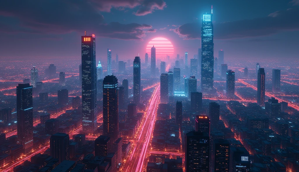 (Raw work) Cyberpunk-inspired city, Illuminated sky, Neon Light, Image seen from zero, Wide landscape, Future City