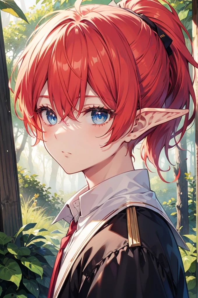 Elf , Red hair,individual, blue eyes, ponytail, pointy-eared, woods, cartoon, 1boy
