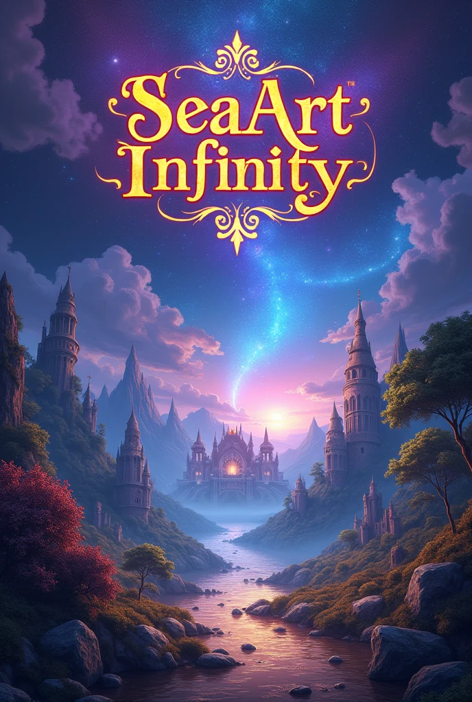 Design a magical poster for "SeaArt Infinity" with the title in a mystical, ornate font at the top. The background should be a fantastical landscape, perhaps featuring enchanted forests, mythical creatures, or ancient castles. Below the title, place the word "Fantasy" in an elegant, flowing script that suggests a storybook feel. Use rich, deep colors like purples, blues, and golds, along with glowing highlights, to create a sense of wonder and adventure.