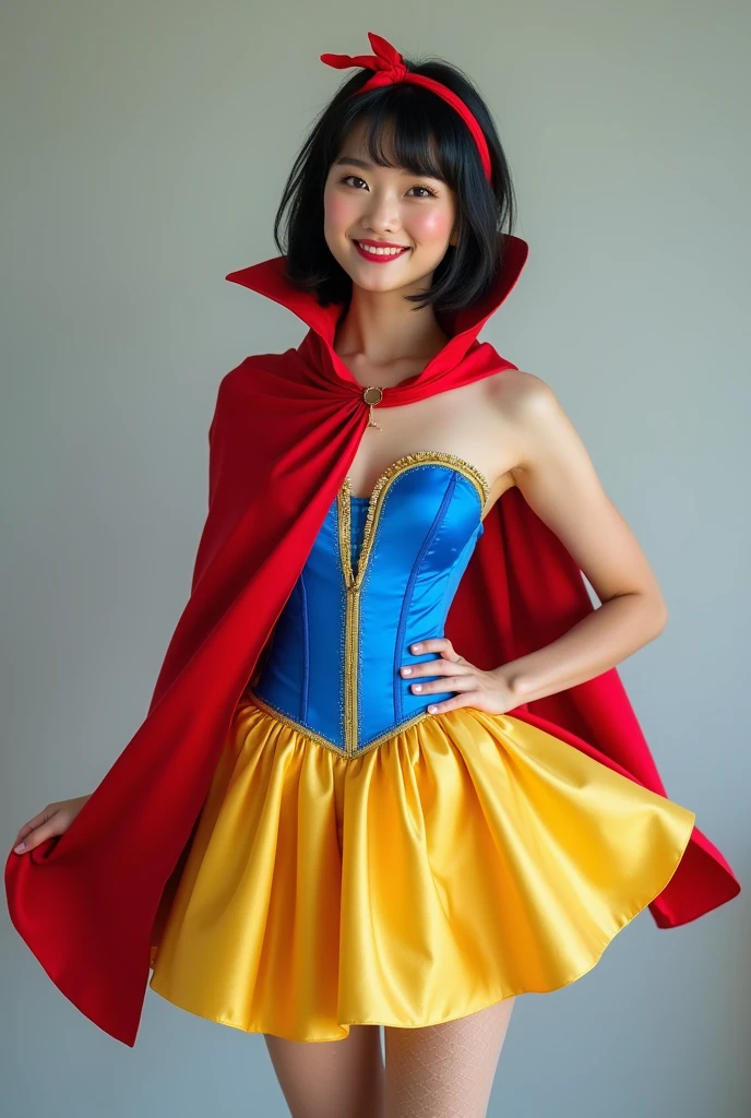 , Beautiful 18 year old Malaysian female , wearing snow white cosplay, blue silk corset, red silk cape, yellow silk pleated skater skirt, silk leggings, black bob hair, red hairband, masterpiece, photorealistic, amazingly detailed face, maximum resolution, happy, dynamic pose, , realistic, photograph, cleavage, satin, shiny clothing, sexy pose,