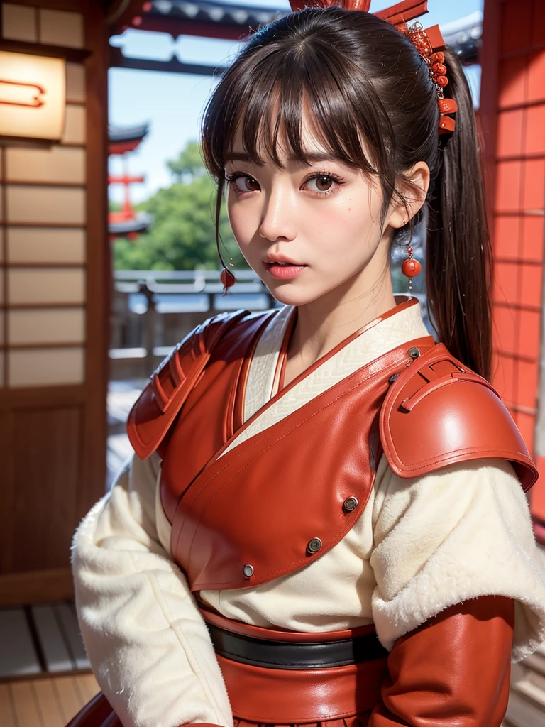 ( bangs, blunt bangs, brown hair, short ponytail,, Depth of written boundary, f/4.0, 135mm, Nikon, uhd, masterpiece, Textured skin, Super detailed,4K,Wide-area lighting),(Beautiful woman: 1.4、Very white skin、Fine grain、 double eyelid)、(((hair ornaments、Wears red leather armor、Bust Shot、Rin々Funny face、Sengoku period、Japanese-style building)))