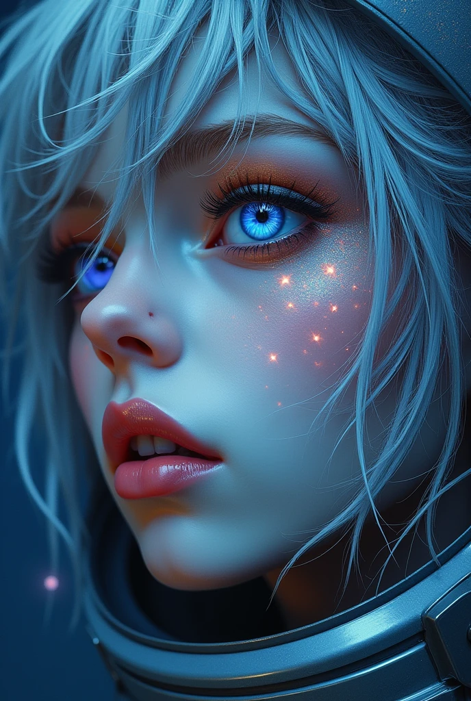 (Close-up of a better masterpiece:1.5)0.9], (Space and astronauts:1.2) (Messy silver hair:1.1) (Heterochromia xanthochromia and blue eyes:1.2) (Space Helmet:1.0) (Colored stars in the eyes:1.0) (A radiant glow:1.1) (thick lips:0.9)