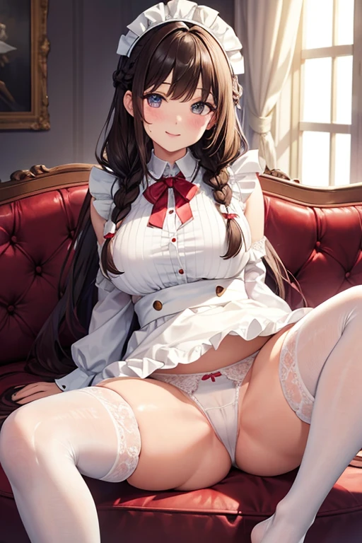 Highest quality, masterpiece, Adult women,8 heads，Long sleeve maid outfit，Without skirt，Brown Hair，Long Hair，Dark Room，Sit on the sofa，Spread your legs、Leg spread，White tights，White garter belt，Wet white lace panties，I can see your pants，A seductive smile, Plump thighs，Long legs，Droopy eyes, Hearts in eyes, Fatty face, Low - Angle，French style braids that push out the hips, 