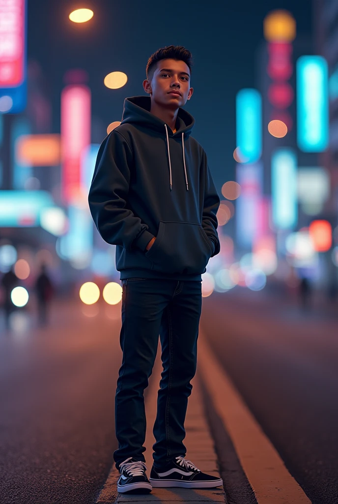 Indonesian male, age 16, photorealistic, long range shot ,on the side of the road in a city full of night lights ,short body (short) and skinny wearing an aesthetic hoodie with black jeans and casual shoes ,hairstyle (short slicked back )