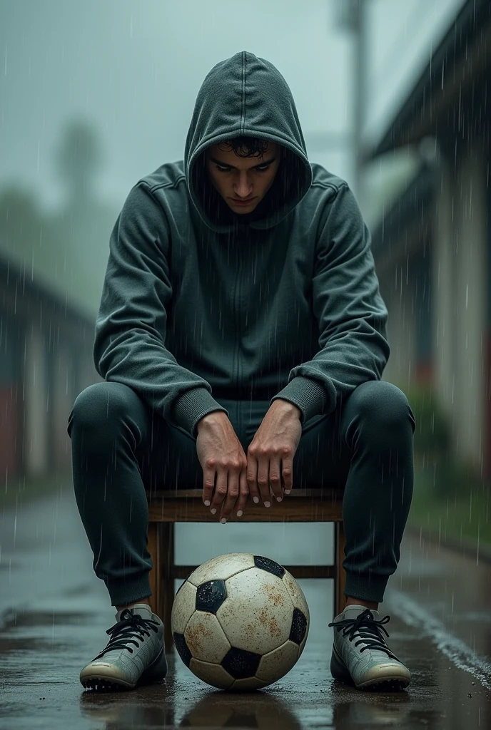 a guy sitting on a wooden chair wearing a hoodie holding a soccer ball with his feet wearing soccer shoes wearing soccer pants sad rainy scene
