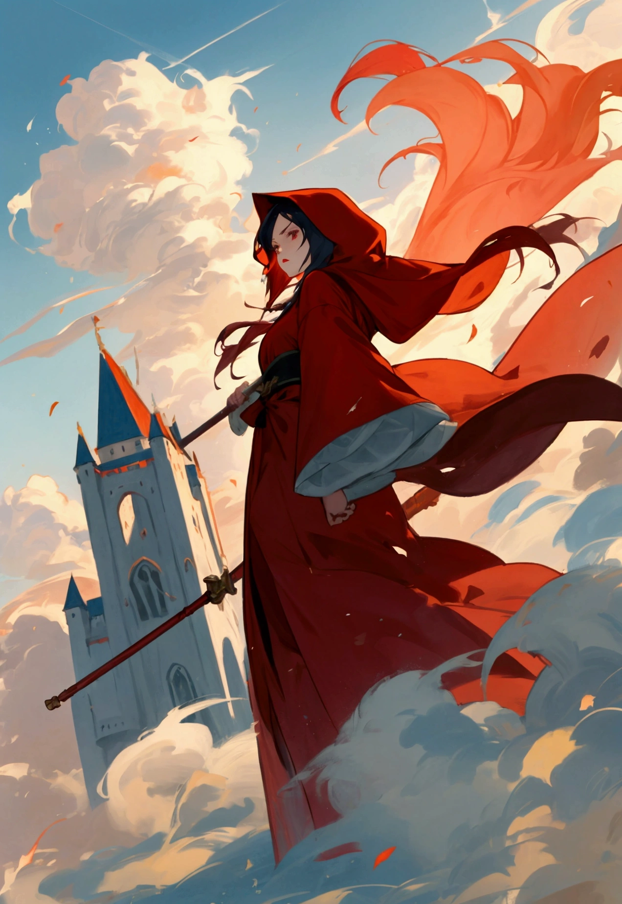 A dynamic and anime-inspired style featuring a beautiful young woman dressed in a red robe and hood. She stands on top of a castle's stone tower at dawn, holding a large staff with both hands and thrusting it forward. Her face is adorned with bright red lipstick, and her long hair flows dramatically in the strong gust of wind. The robe billows in the wind as she struggles against its force. The scene is filled with movement, with clouds streaming across the sky. The camera captures her from the front, focusing on her intense expression and the powerful motion of the wind and robe. The vast plains stretch out behind her, adding to the epic and magical atmosphere. The emphasis is on the beauty and determination of the woman, as well as the dynamic elements around her