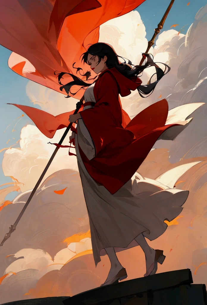 A dynamic and anime-inspired style featuring a beautiful young woman dressed in a red robe and hood. She stands on top of a castle's stone tower at dawn, holding a large staff with both hands and thrusting it forward. Her face is adorned with bright red lipstick, and her long hair flows dramatically in the strong gust of wind. The robe billows in the wind as she struggles against its force. The scene is filled with movement, with clouds streaming across the sky. The camera captures her from the front, focusing on her intense expression and the powerful motion of the wind and robe. The vast plains stretch out behind her, adding to the epic and magical atmosphere. The emphasis is on the beauty and determination of the woman, as well as the dynamic elements around her