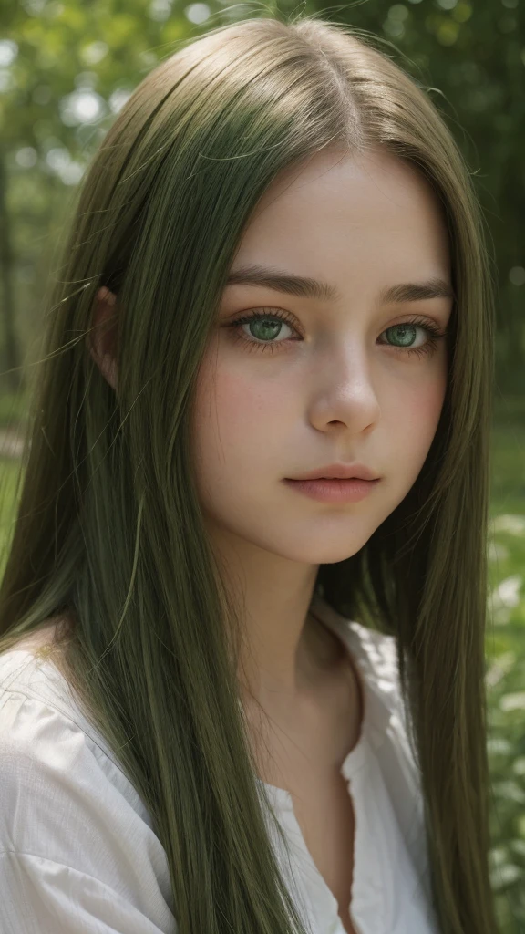 face portrait. a girl. european. extremely detailed face. oval face. delicate features. eyes that hide deep sadness. half-closed eyes. green eyes. long, straight, very thick hair. green hair. frontal. outdoors