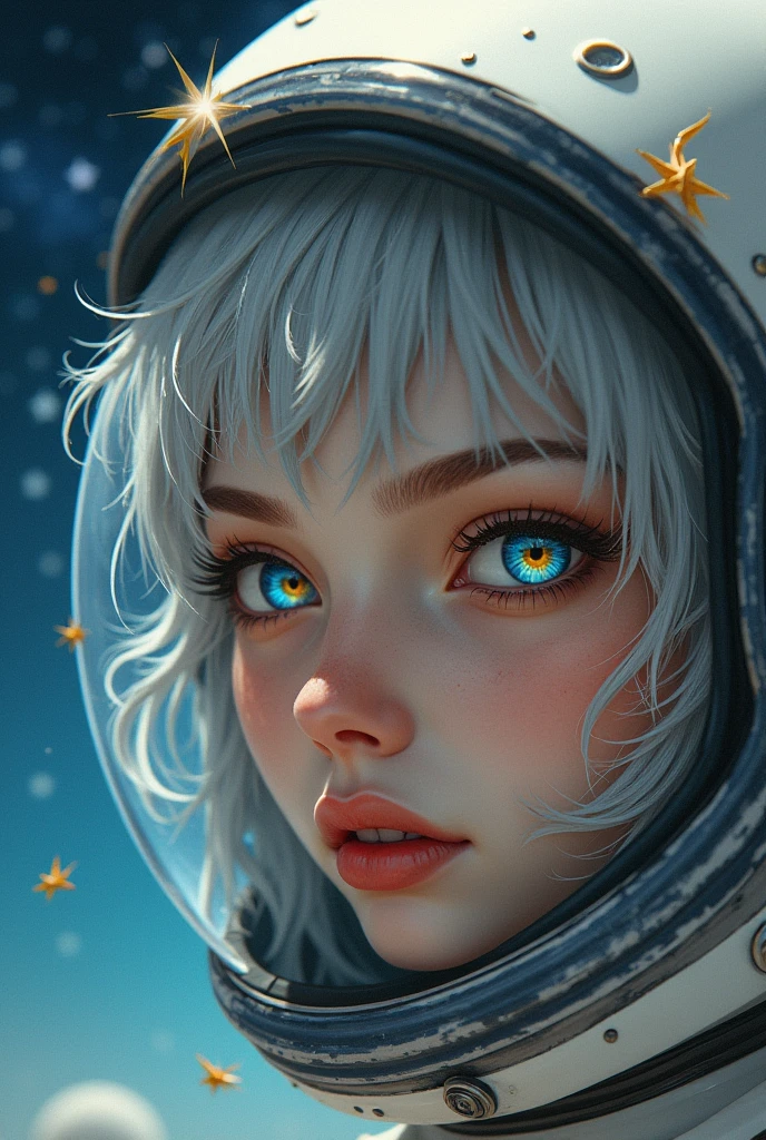 (Close-up of a better masterpiece:1.5)0.9], (Space and astronauts:1.2) (Messy silver hair:1.1) (Heterochromia xanthochromia and blue eyes:1.2) (Space Helmet:1.0) (Colored stars in the eyes:1.0) (A radiant glow:1.1) (thick lips:0.9)