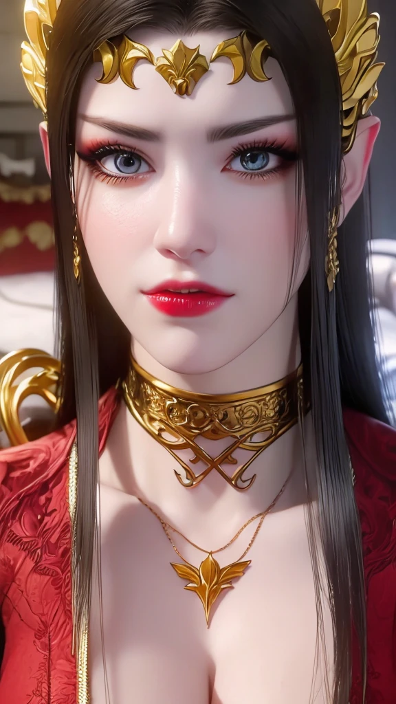 (lifelike, high - resolution:1.3), 1 girl with a perfect body, Super fine face and eyes,slong hair, big boob,Expose cleavage5, lightning, hyper-realistic graphics, most realistic graphics, 1 girl, alone, solo, Extremely sharp, surreal image, sharp eye makeup, meticulous makeup eyelashes, pretty red lips, pursed lips, full body shot, inside the room, naked, undressed, NSFW.