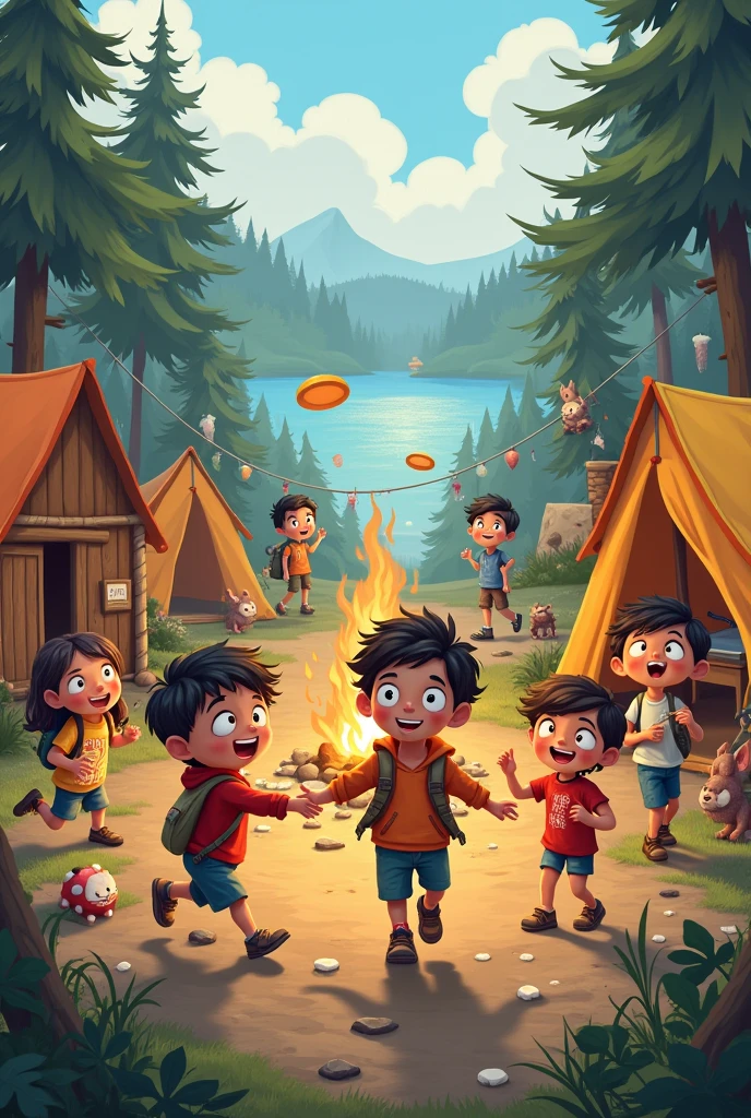 Create a realistic and funny picture with several children at a summer camp