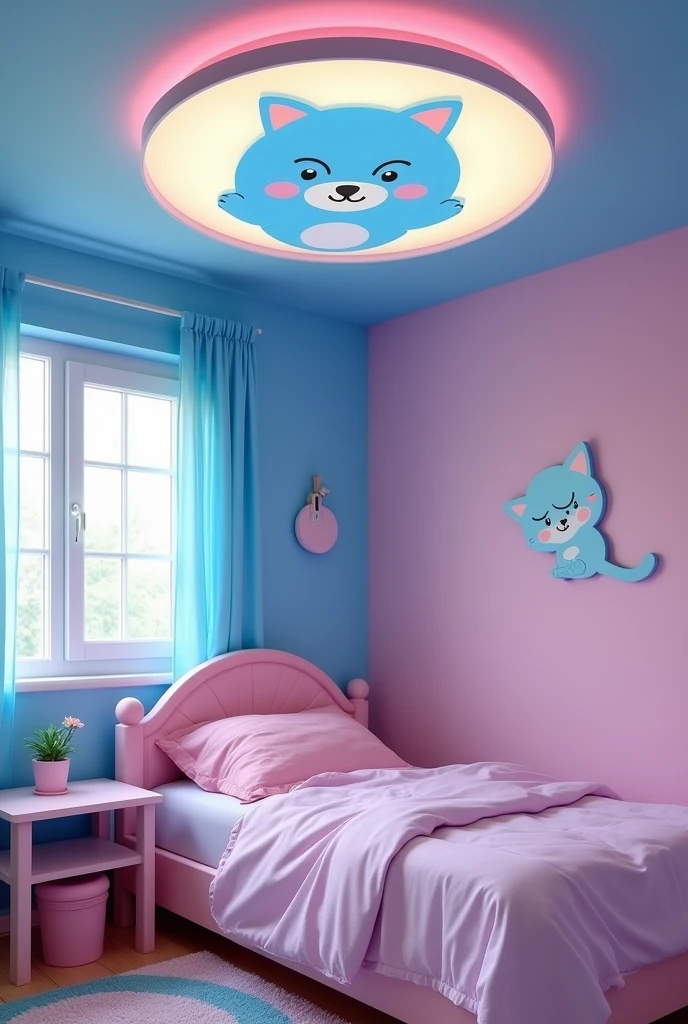A little girl's bedroom,Blue wall,Pink Bed,There are also ceiling lights with cartoon images of blue kittens.,Ceiling lights refer to lights on the roof