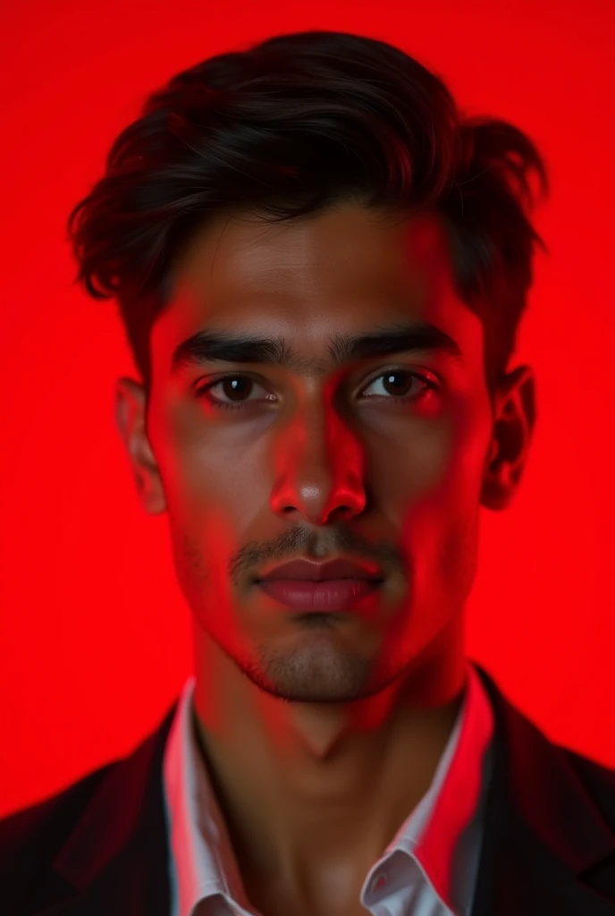 closeup picture of 22 year old Pakistani boy With fair skin and narrow body Posing for a linkedin picture in formals red light in background