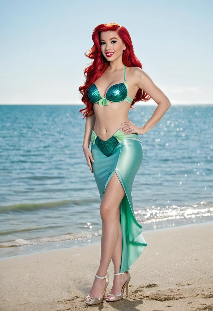 Full body shot of Ariel from The Little Mermaid. Wearing high heel shoes. Wearing a skimpy bikini. Standing on a beach beside the water.