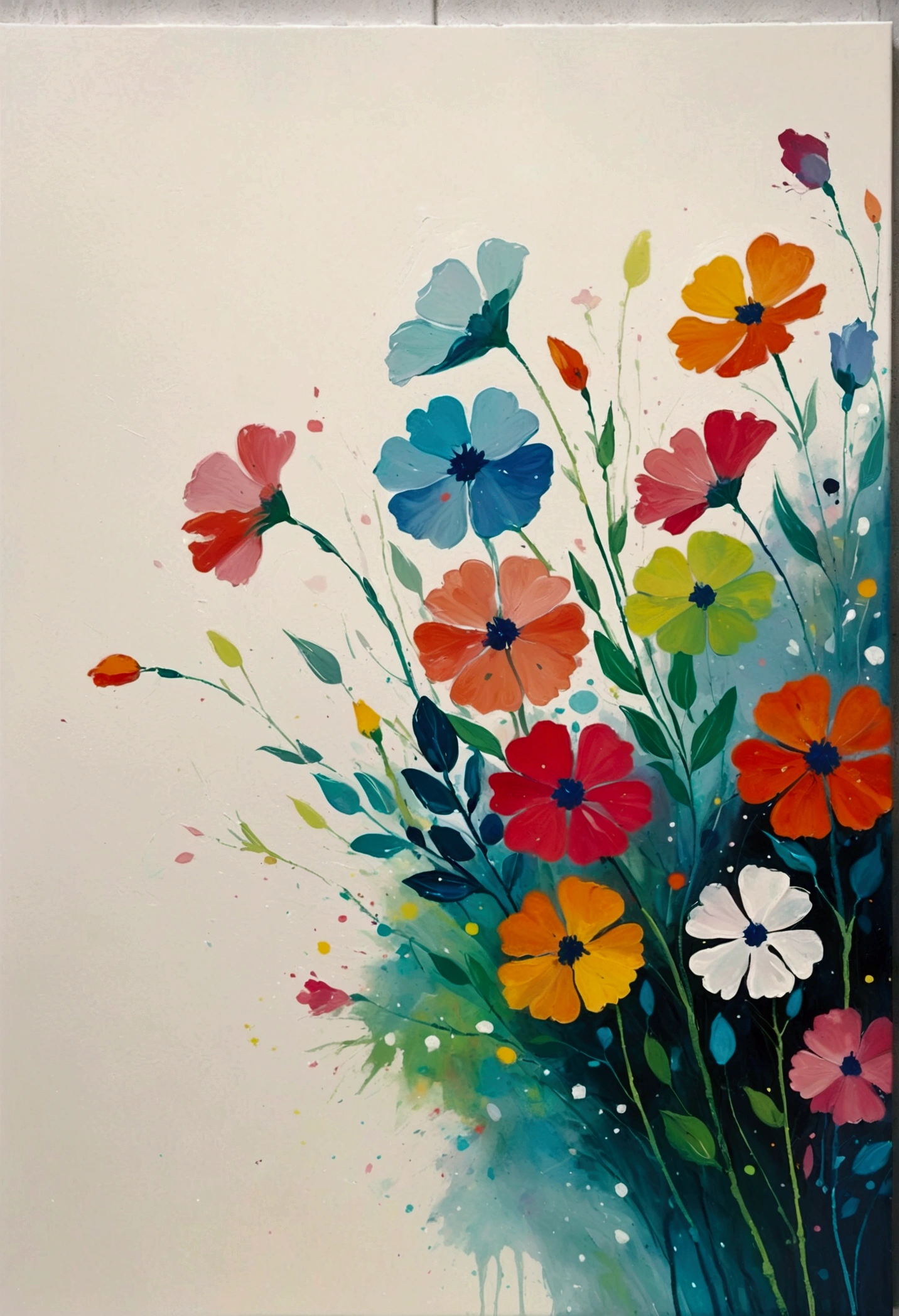 Fluid smudge painting，Dot，Colorful flowers，Minimalism，Inspired by the coronavirus。(((Negative Space,Large area of blank, Bottom left corner composition))).Hot，Art work