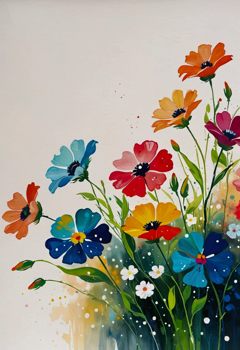 Fluid smudge painting,Dot,Colorful flowers,Minimalism,Inspired by the coronavirus。(((Negative Space,Large area of blank, Bottom left corner composition))).Hot,Art work