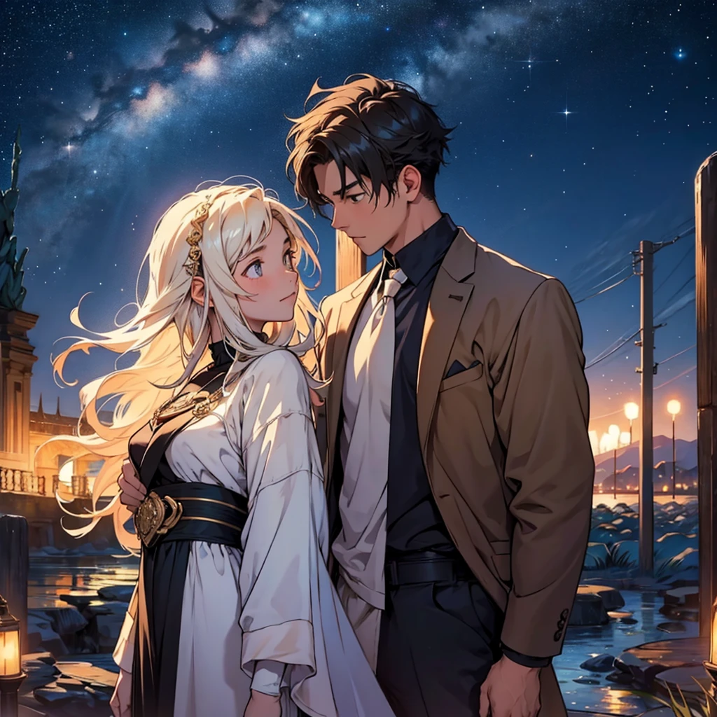 An ordinary young man, looking at a goddess flying in the starry night sky in the distance. An impossible love between a Goddess and a human man.