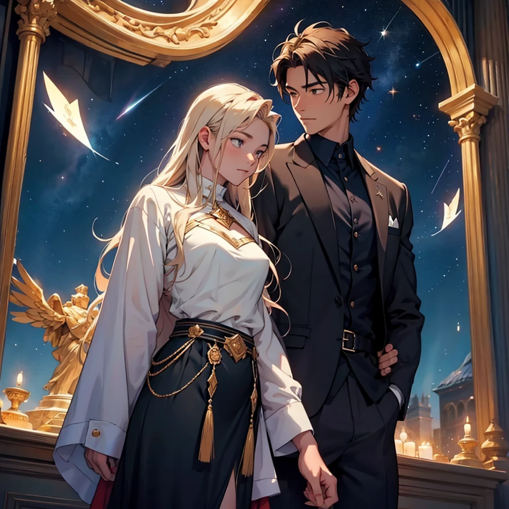 An ordinary young man, looking at a goddess flying in the starry night sky in the distance. An impossible love between a Goddess and a human man.