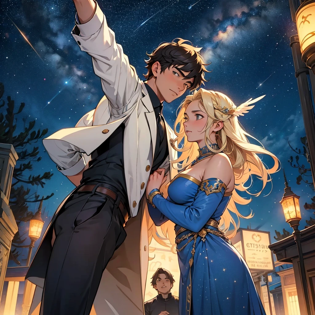 An ordinary young man, looking at a goddess flying in the starry night sky in the distance. An impossible love between a Goddess and a human man.