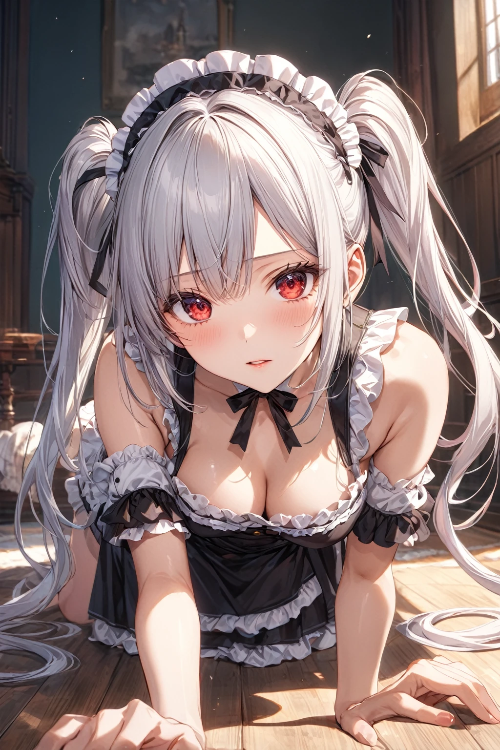 score_9, score_8_up, score_7_up , source_anime, masterpiece, best quality, perfect anatomy , very aesthetic , absurdres ,intricate illustration ,ultra-detailed animation,1girl,solo,White hair,twin tail,long hair,maid's outfit,cold shoulder,all fours,red eyes,highly detailed,best quality,absurdres,detailed,HDR,natural light,