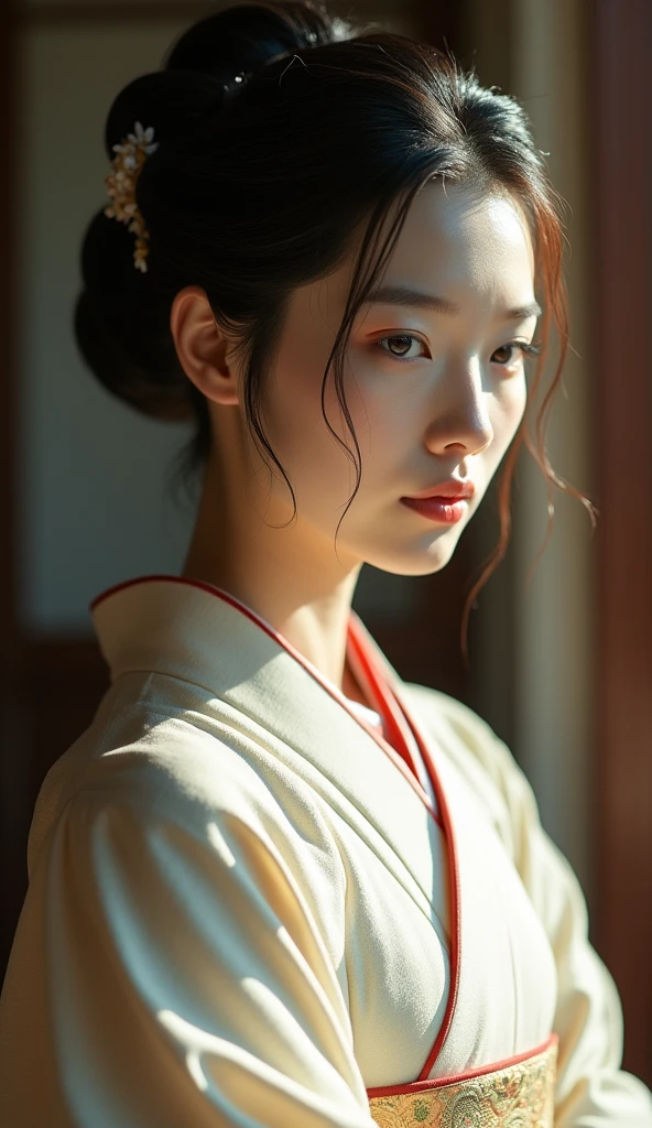 An elegantly dressed Japanese woman in natural light、Chest close-up and calm expression.、It represents her inner peace and outer charm..。