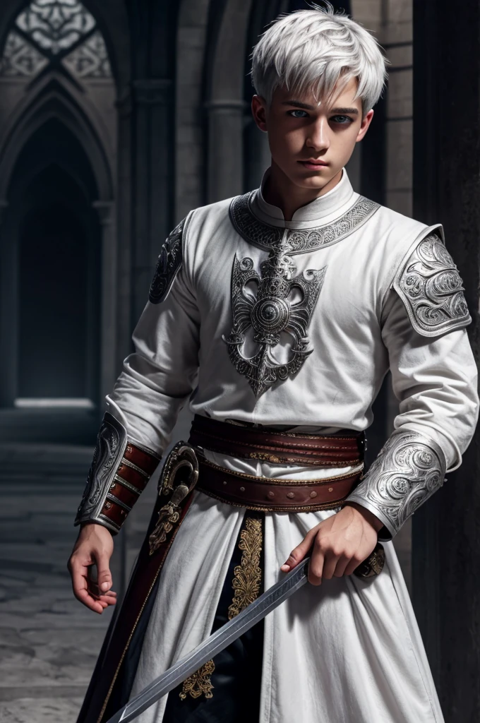Middle Ages youth man, light gray eyes, white hair,short hair, white skin, detailed facial features, rich clothing, ornate sword, incredible detail, volumetric lighting, dramatic composition, cinematic lighting, rich colors