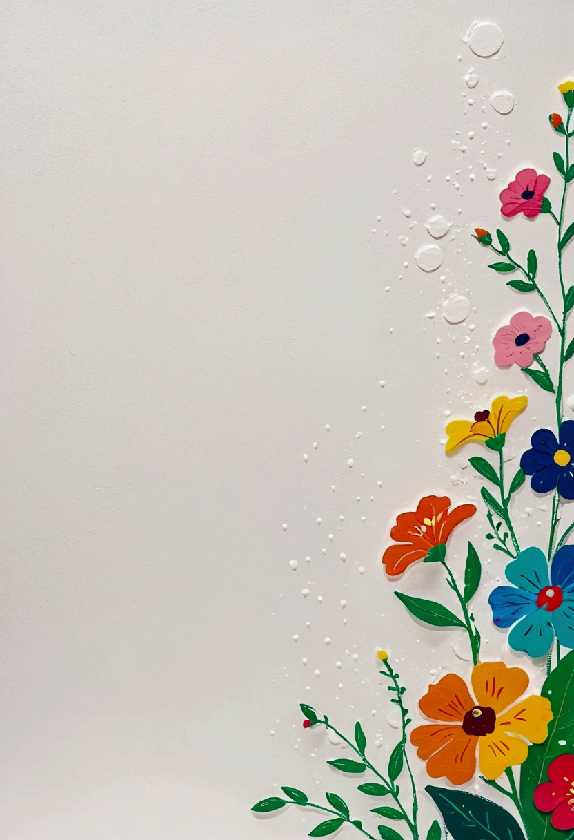 White plaster wall background。Fluid smudge painting,Dot,Colorful flowers,Minimalism,Inspired by the coronavirus。Negative Space Corner Composition