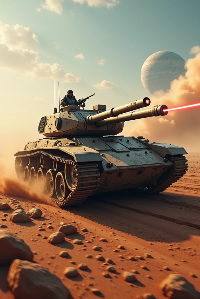 (RAW photo, realistic photo, high quality, masterpiece), caterpillar track, space tank with heavy armour shield, moving in space, fast, very fast, shooting laser, cyborg, smoke and dust behind, earth in the sky, ruins in background 