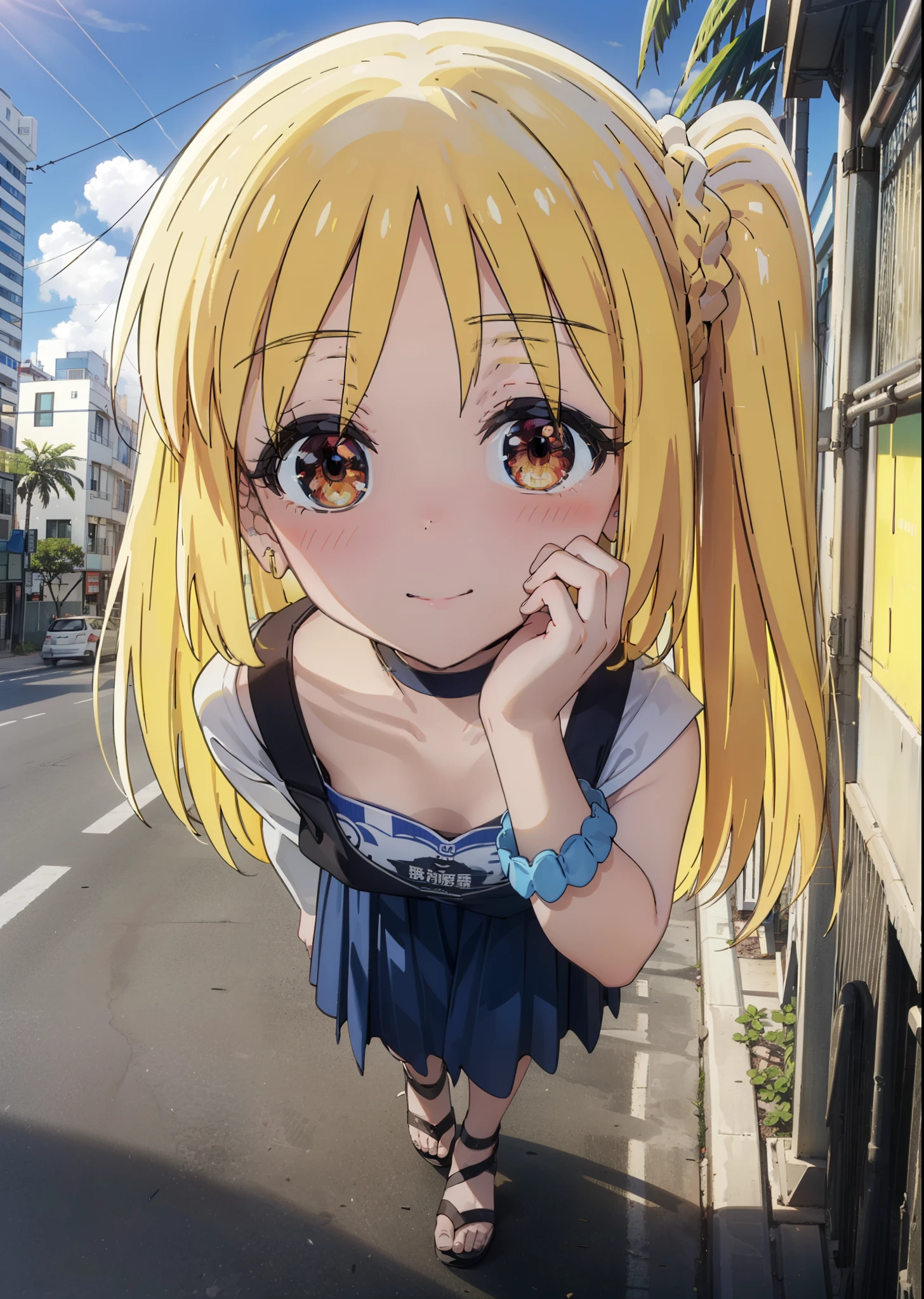 Nijika Ijichi, very cute and beautiful girl,(highly detailed beautiful face and eyes),Check it out, long hair, bangs, yellow hair, (brown eyes:1.2),Blue Tank Top,White long skirt,Heeled Sandals,Daytime,Clear skies,Palm tree,Walking,smile,Close your mouth,blush,whole bodyがイラストに入るように,
break outdoors, tropical,Tropical,Coastal Road,
break looking at viewer, whole body,
break (masterpiece:1.2), Highest quality, High resolution, unity 8k wallpaper, (figure:0.8), (Beautiful attention to detail:1.6), Highly detailed face, Perfect lighting, Highly detailed CG, (Perfect hands, Perfect Anatomy),