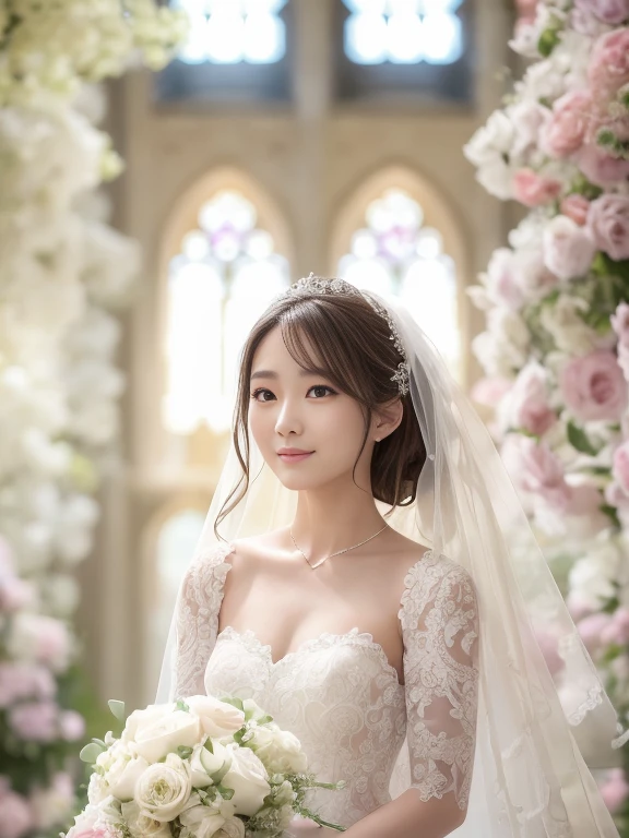 Photo-realistic quality、a woman in a Wedding dress holding a bouquet of flowers、Standing in front of the church、20 year old Japanese model、白のWedding dress,Hanae Mori style wedding dress、Japan idols at 20 years old、lace prom dresses、looking at the camera、Detailed and beautiful eyes、Cute smile、Relaxed and gentle expression、a close up of a woman in a Wedding dress holding a bouquet, Wedding dress, So magical and dreamy、Blur the background a lot、300mm F2.Shot with 8 lenses