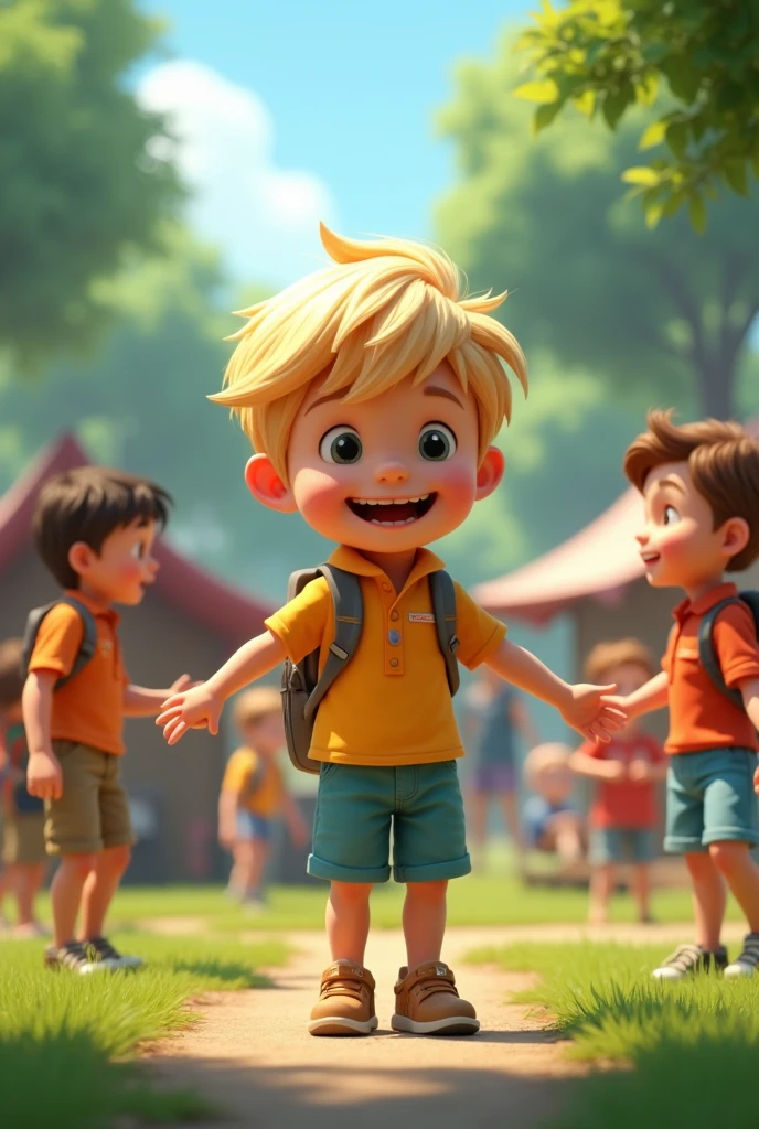 Create a realistic and funny image with a child as the main character, with blonde hair, and several children at a summer camp