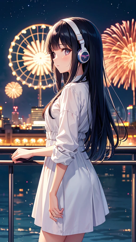 A Ferris wheel with night fireworks in the background。A young girl with black hair wearing stylish clothes and headphones labeled "lo-fi" The girl is shown in profile, gazing into the distance with a calm, relaxed expression Background depicts the iconic scenery of Namba, Osaka at night, without any text on signs A starry night sky adding to the peaceful atmosphere Overall mood is quiet and serene, perfect for lo-fi music Detailed hair rendering and careful attention to the girl's fashionable outfit The entire scene should evoke a relaxing, introspective feeling associated with lo-fi music
