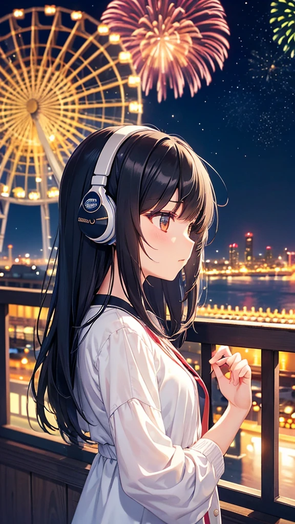 A Ferris wheel with night fireworks in the background。A young girl with black hair wearing stylish clothes and headphones labeled "lo-fi" The girl is shown in profile, gazing into the distance with a calm, relaxed expression Background depicts the iconic scenery of Namba, Osaka at night, without any text on signs A starry night sky adding to the peaceful atmosphere Overall mood is quiet and serene, perfect for lo-fi music Detailed hair rendering and careful attention to the girl's fashionable outfit The entire scene should evoke a relaxing, introspective feeling associated with lo-fi music