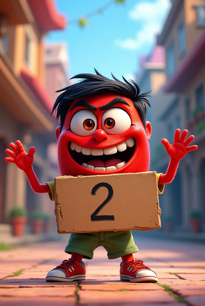 Anger one of the characters on inside out (short square figure) was holding an cardboard with number 2 written on it . Expression was excited and cheerfully