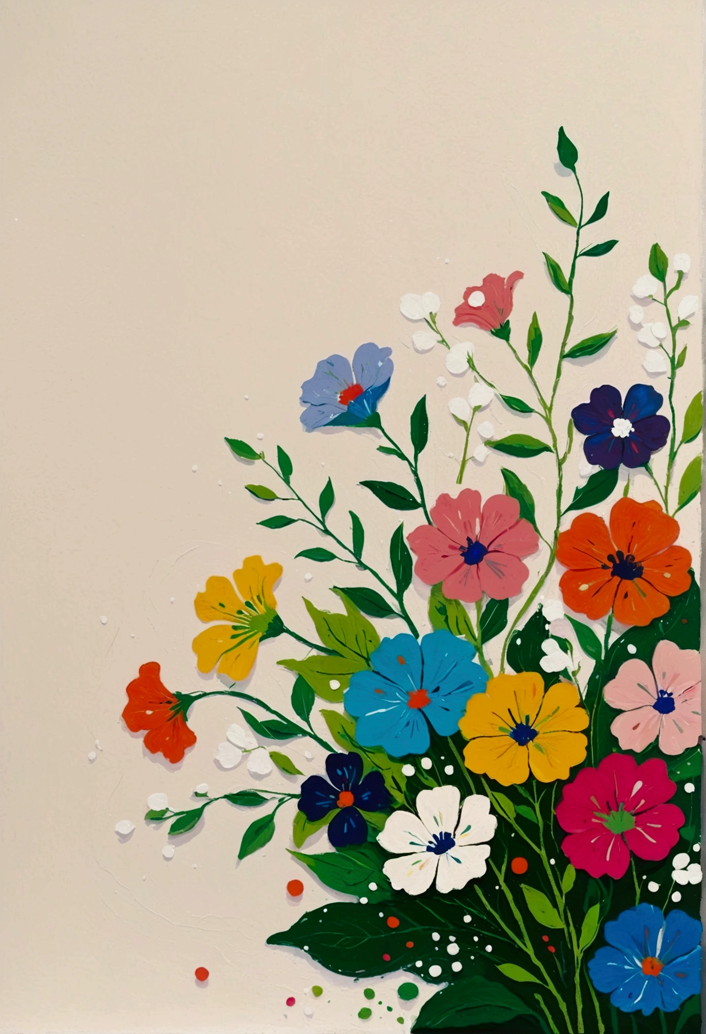 Negative Space。Fluid smudge painting，Dot，Colorful flowers，Minimalism，Inspired by the coronavirus。Corner Composition