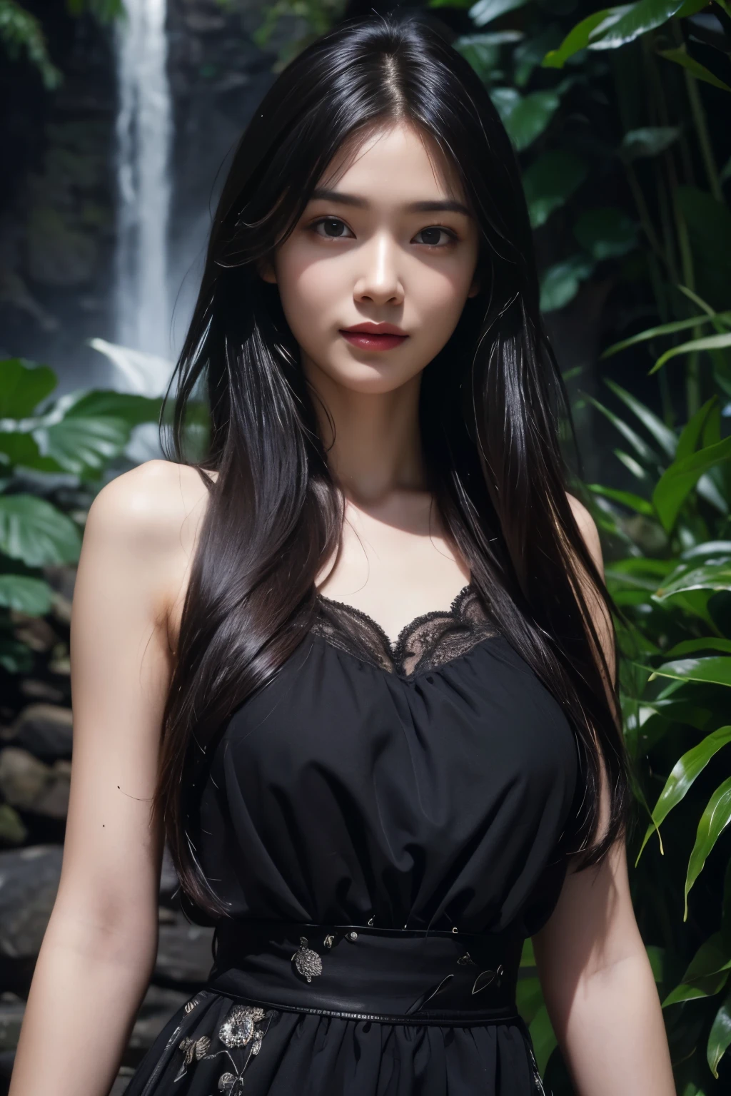 (ultra realistic) , (illustration), (increase resolution), (8K), (extremely detailed), (best illustration), (beautiful detailed eyes), (best quality), (ultra-detailed), (masterpiece), (wallpaper), (detailed face), 1 girl, black straight hair, slender body, delicate details, in the dark, deep shadow, low key, pureerosfaceace_v1, happy smile, summer dress, waterfall, rainforest